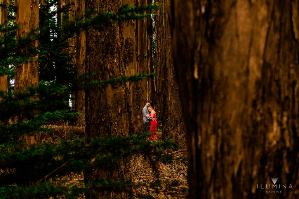 Candid-style color photo of engaged couple embracing in forest during engagement photoshoot