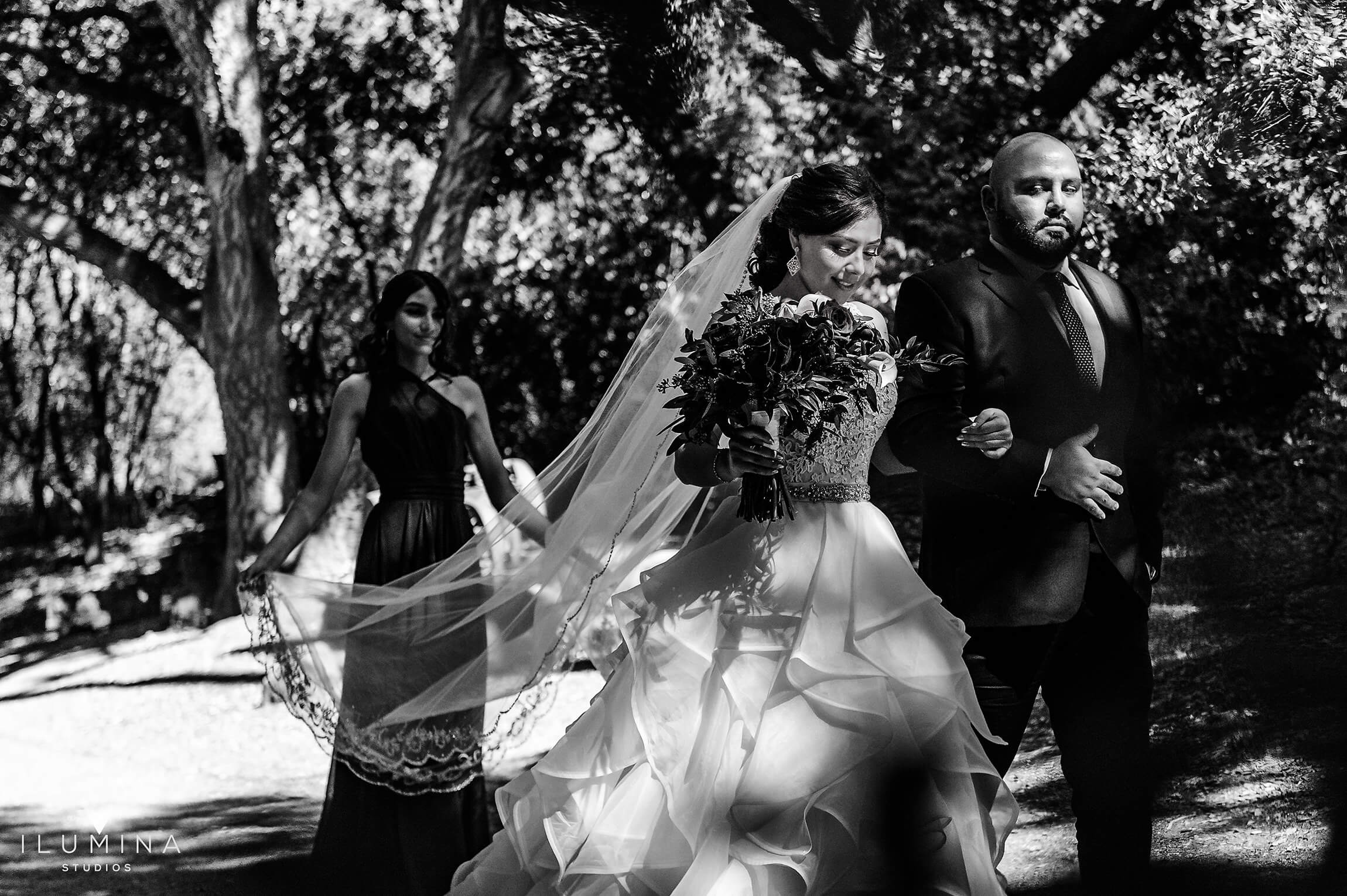 Black and white documentary-style image of bride being escorted down the aisle at Anaheim Oak Canyon Nature Center wedding