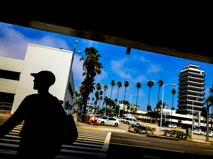 City view from under a bridge. Tropical palm trees and clear blue skies up above